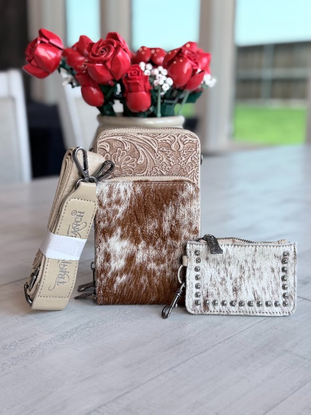 Trinity Ranch Genuine Hair-On Cowhide /Tooled Phone Purse w/ Coin Pouch Tan
